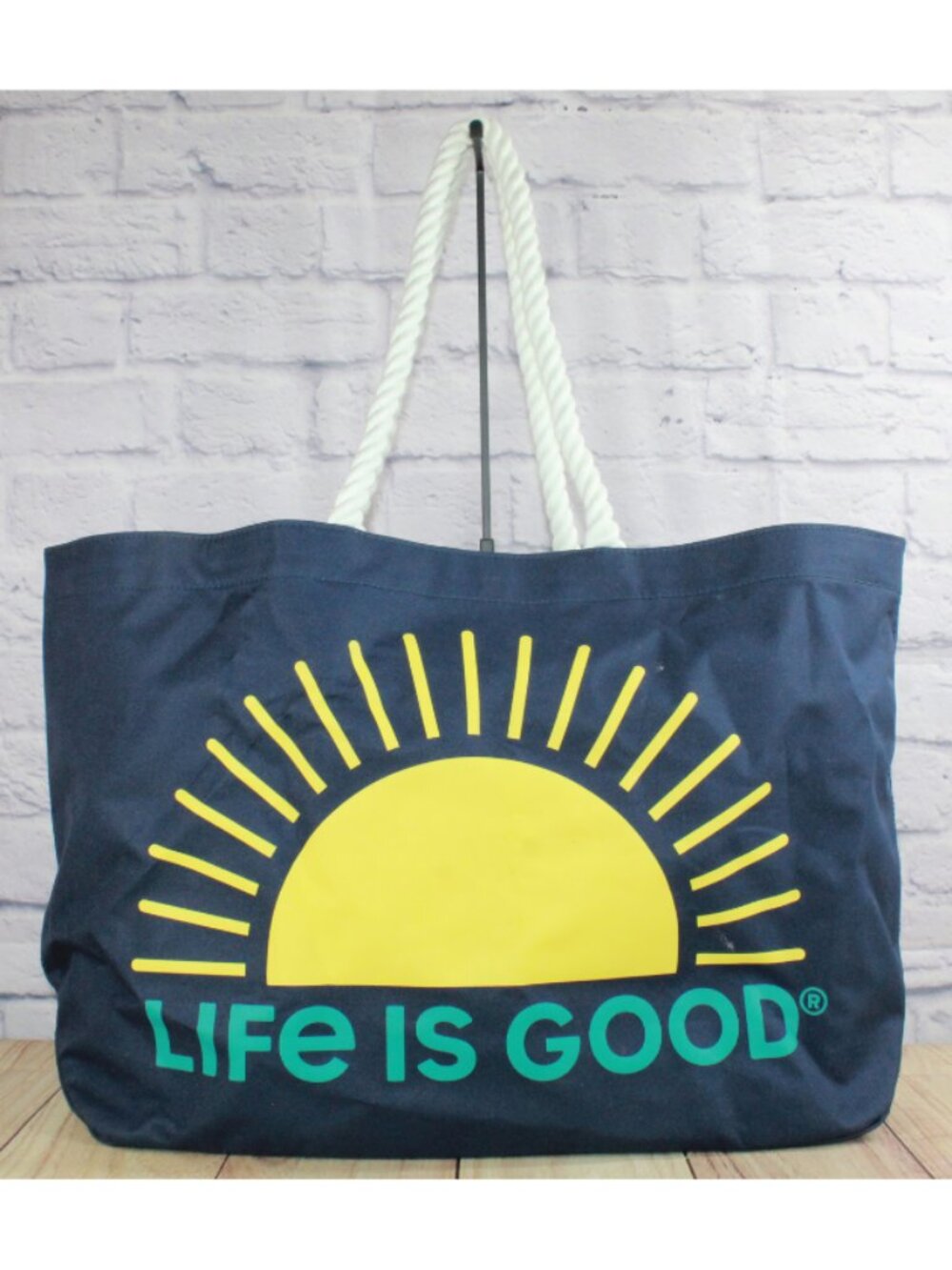 Life Is Good Navy Blue Sun Graphic Beach Tote Bag Rope Handles Zip Pocket